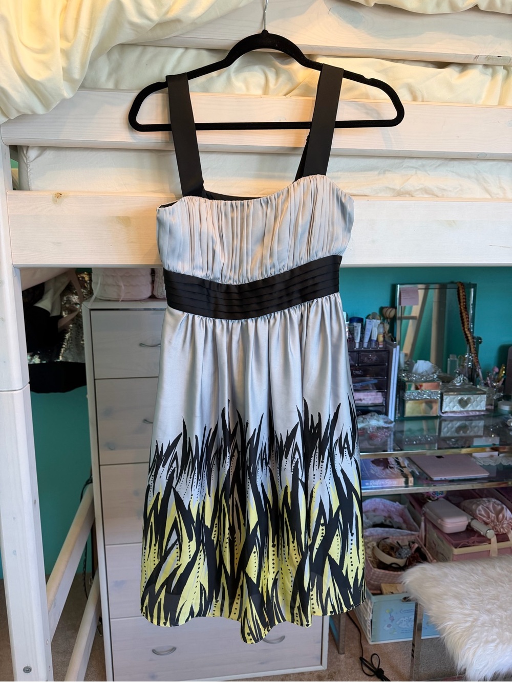 Max & Cleo Light Silver Pleated Dress with Black Trim